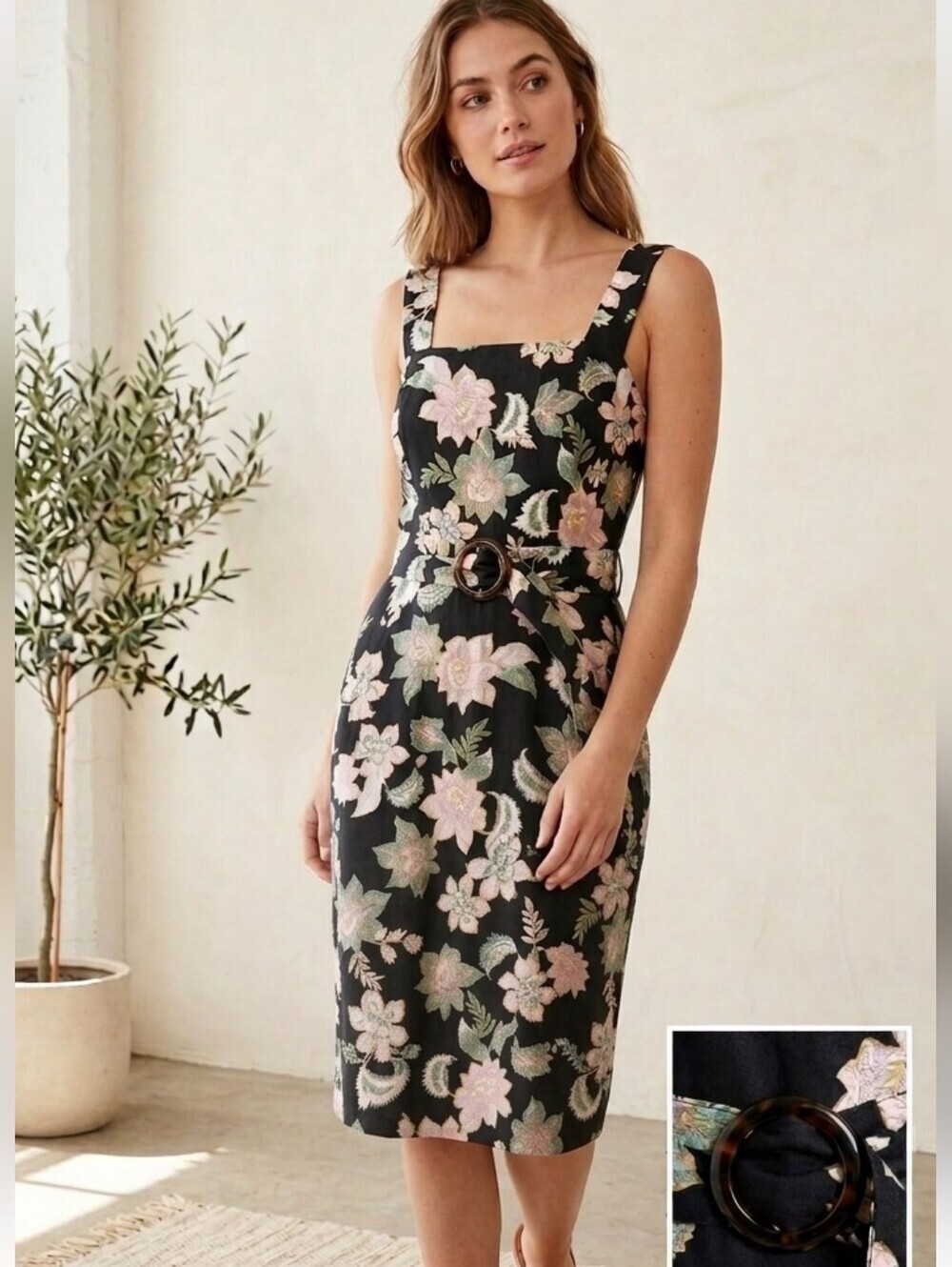 Who What Wear Linen Dress Black Pink Floral Square Neck Size Medium NWT